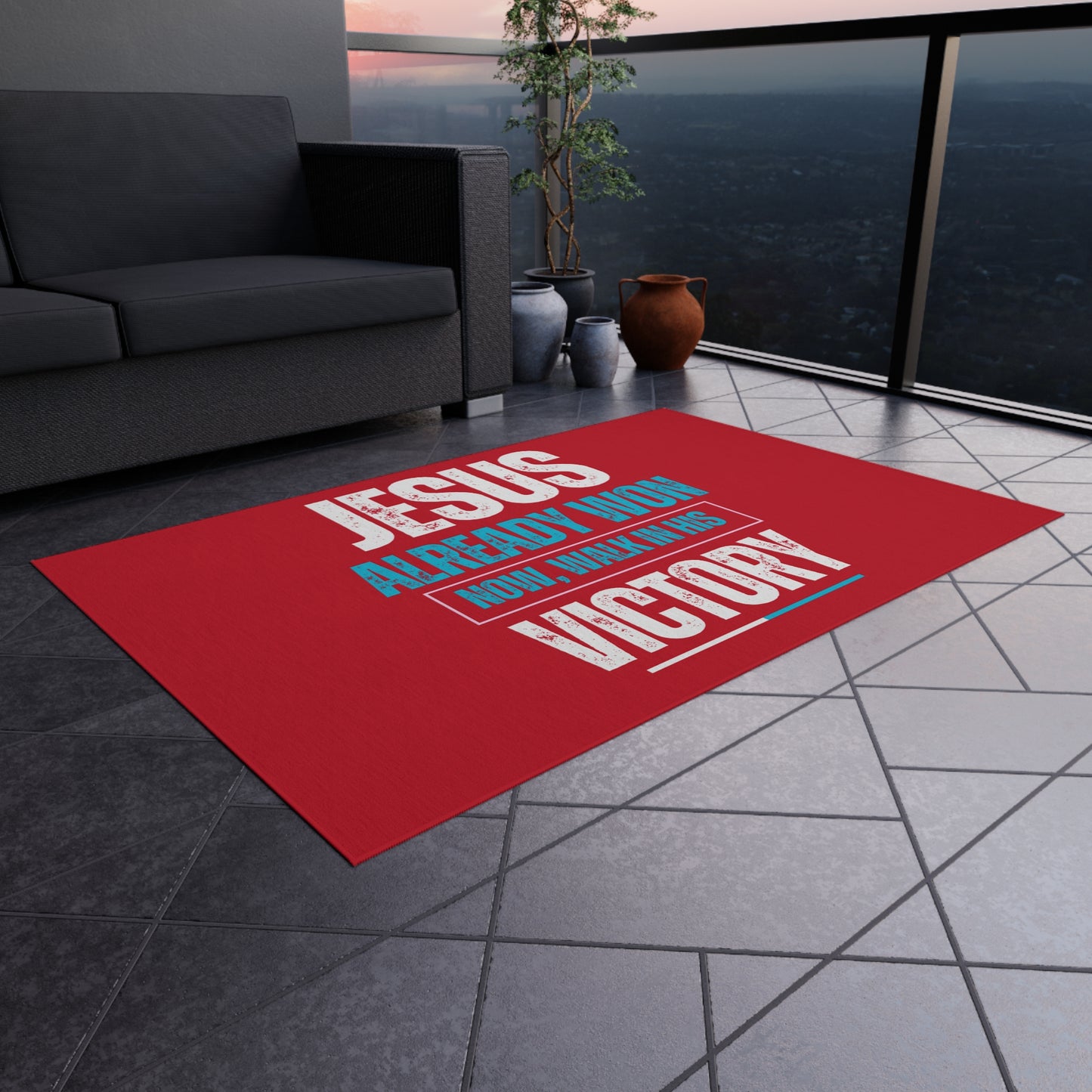 Jesus Already Won, Now Walk in His Victory Rug, Inspirational Outdoor Rug - Patio Decor, Faith-Themed Doormat, Outdoor Welcome Rug