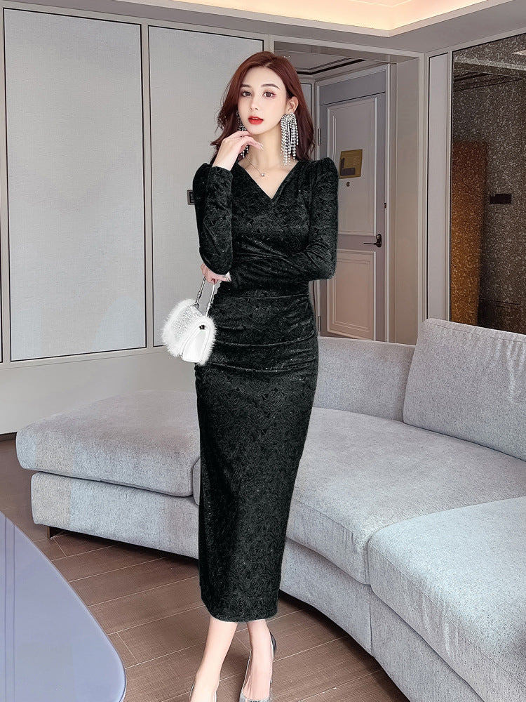 Women's New Long Sleeve V Neck Waist Slim Fit Dress