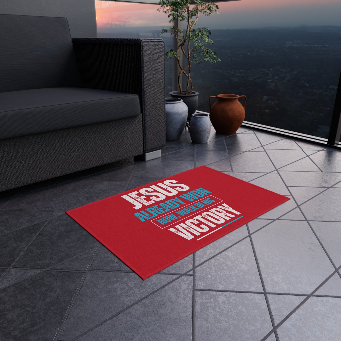 Jesus Already Won, Now Walk in His Victory Rug, Inspirational Outdoor Rug - Patio Decor, Faith-Themed Doormat, Outdoor Welcome Rug