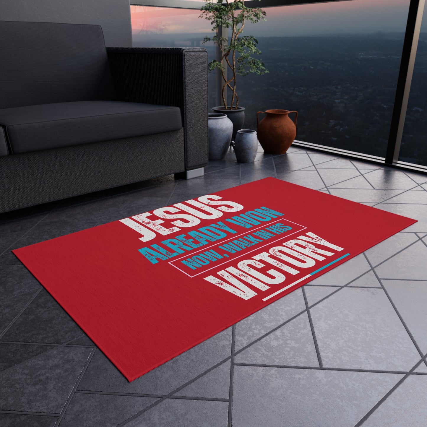 Jesus Already Won, Now Walk in His Victory Rug, Inspirational Outdoor Rug - Patio Decor, Faith-Themed Doormat, Outdoor Welcome Rug