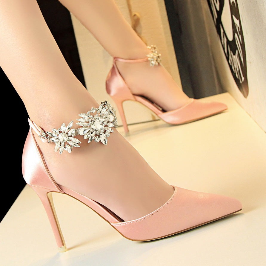 Pointed Shallow Mouth Hollow Rhinestone Women's High Heels