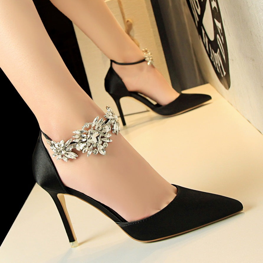 Pointed Shallow Mouth Hollow Rhinestone Women's High Heels