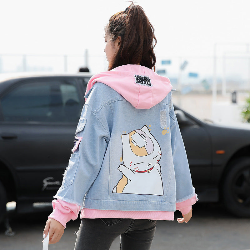 Two-piece Hooded Denim Jacket Women All-match Loose