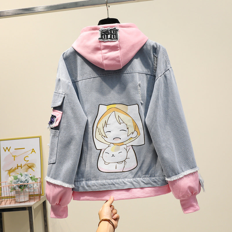 Two-piece Hooded Denim Jacket Women All-match Loose