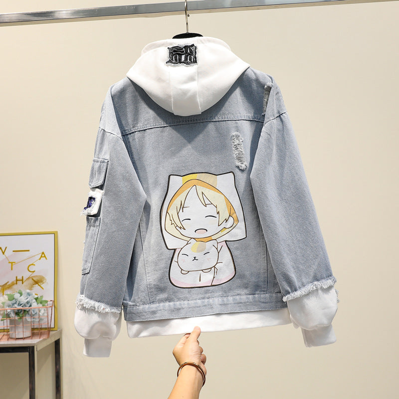 Two-piece Hooded Denim Jacket Women All-match Loose