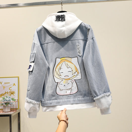 Two-piece Hooded Denim Jacket Women All-match Loose