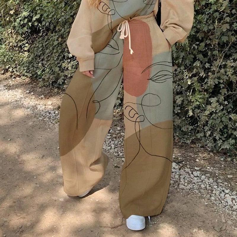 Casual Round Neck Loose Print Basic Women's Set