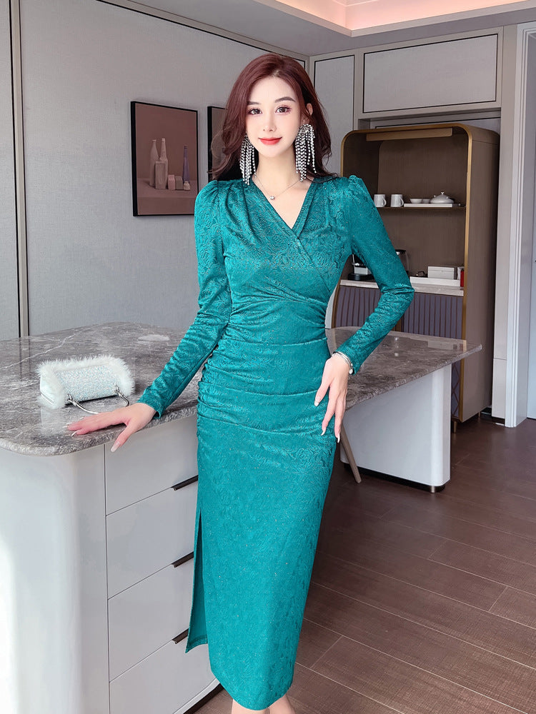 Women's New Long Sleeve V Neck Waist Slim Fit Dress