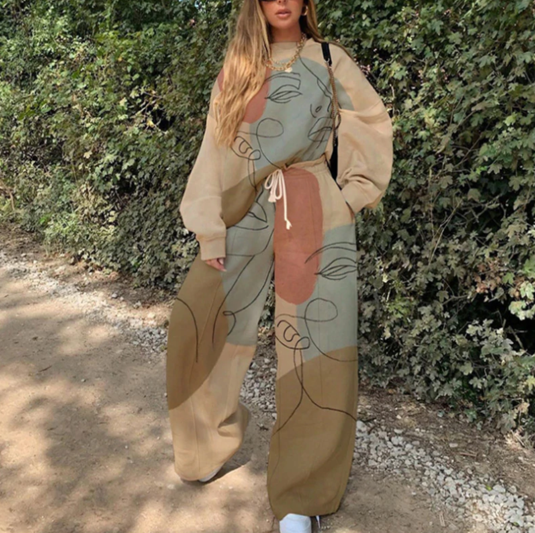 Casual Round Neck Loose Print Basic Women's Set