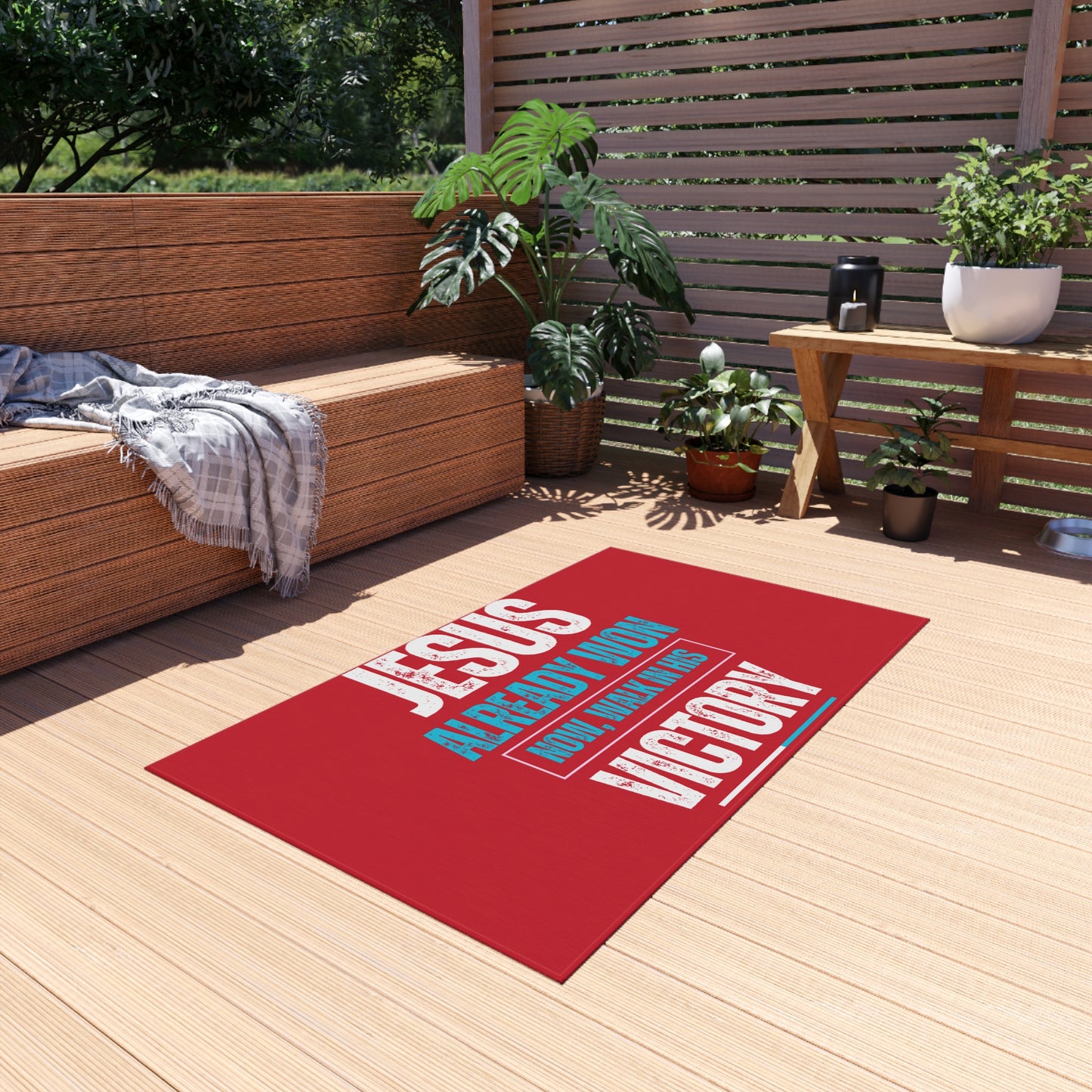 Jesus Already Won, Now Walk in His Victory Rug, Inspirational Outdoor Rug - Patio Decor, Faith-Themed Doormat, Outdoor Welcome Rug