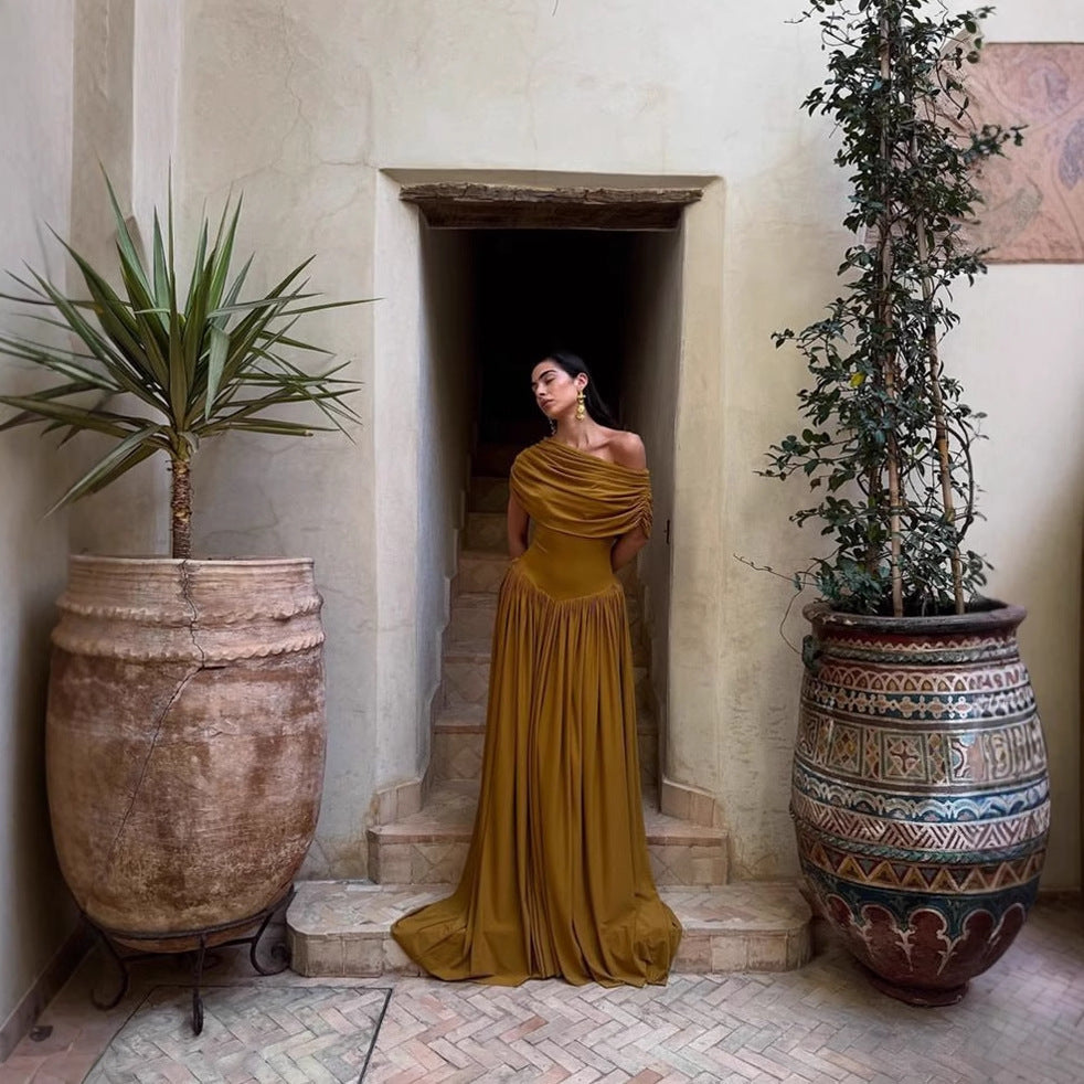 Slant Shoulder Waist Slimming A- Line Dress