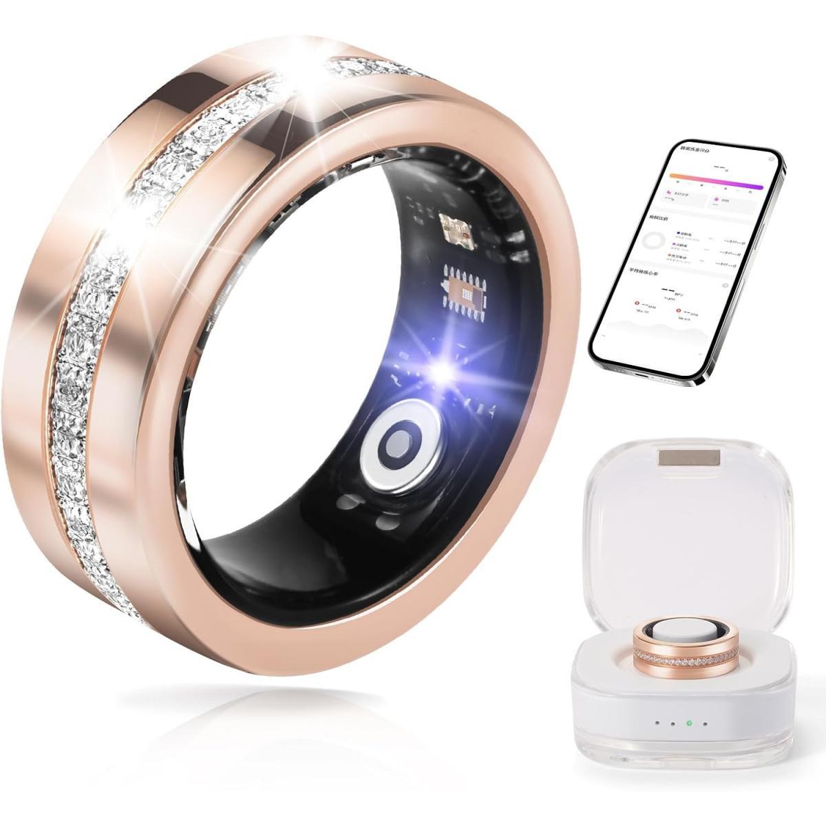 2025 New Smart Ring For Women, Health & Fitness Tracker With Heart Rate, Blood Oxygen, Sleep Monitoring, Elegant Rose Gold Design With Crystal Accents, IP68 Waterproof, Gesture Control