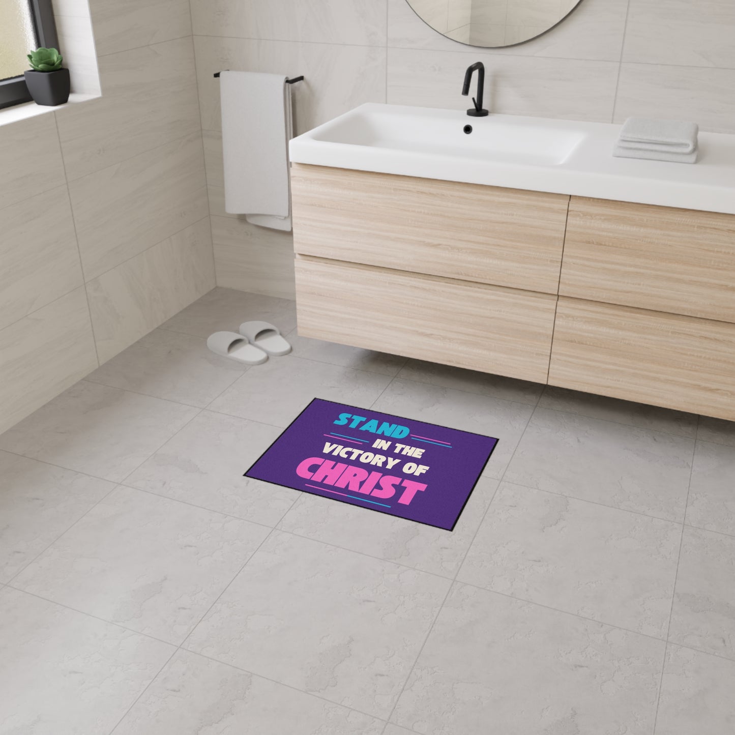 Stand in The Victory of Christ Floor Mat, Christian Home Decor, Heavy Duty Door Mat, Inspirational Rug, Faith-Based Gift