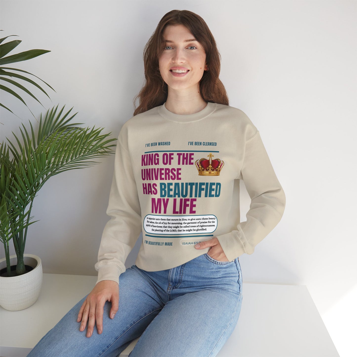 King of the Universe has Beautified my Life Inspirational Sweatshirt for Christians, Cozy Crewneck, Faith-Based Gift, Religious Apparel for Men and Women, Uplifting Christian [...]
