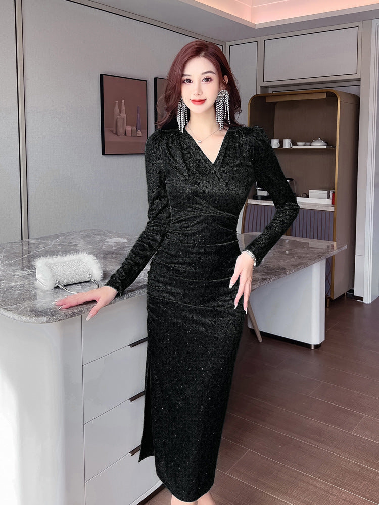 Women's New Long Sleeve V Neck Waist Slim Fit Dress