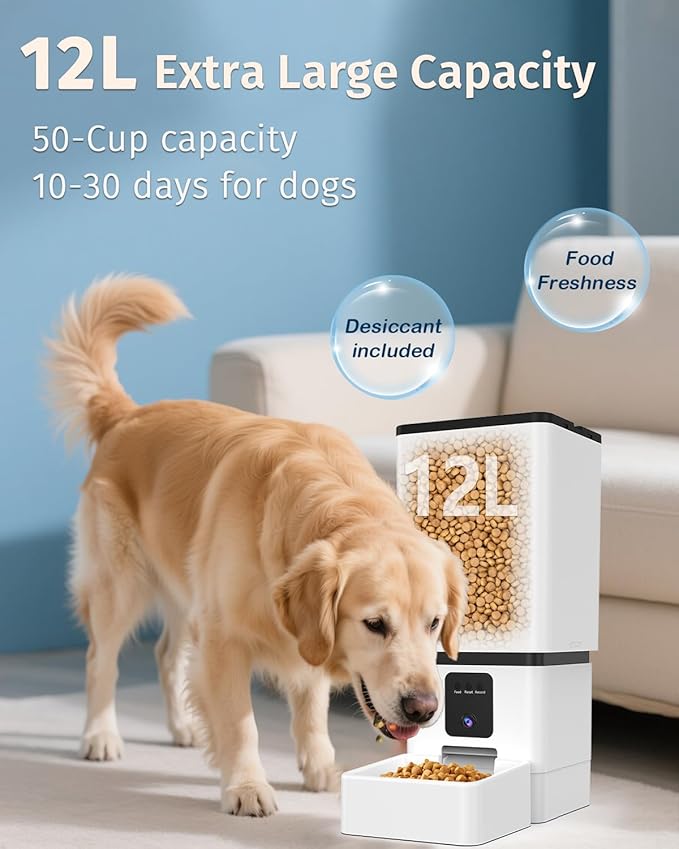 Automatic Dog Feeder Large Breed with Camera - 12L/50 Cups 5G WiFi App Control Dog Food Dispenser, Easy Setup, HD 1080P Video with Night Vision