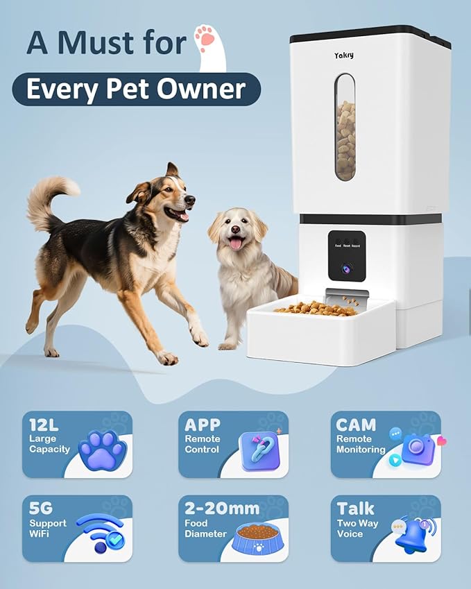 Automatic Dog Feeder Large Breed with Camera - 12L/50 Cups 5G WiFi App Control Dog Food Dispenser, Easy Setup, HD 1080P Video with Night Vision