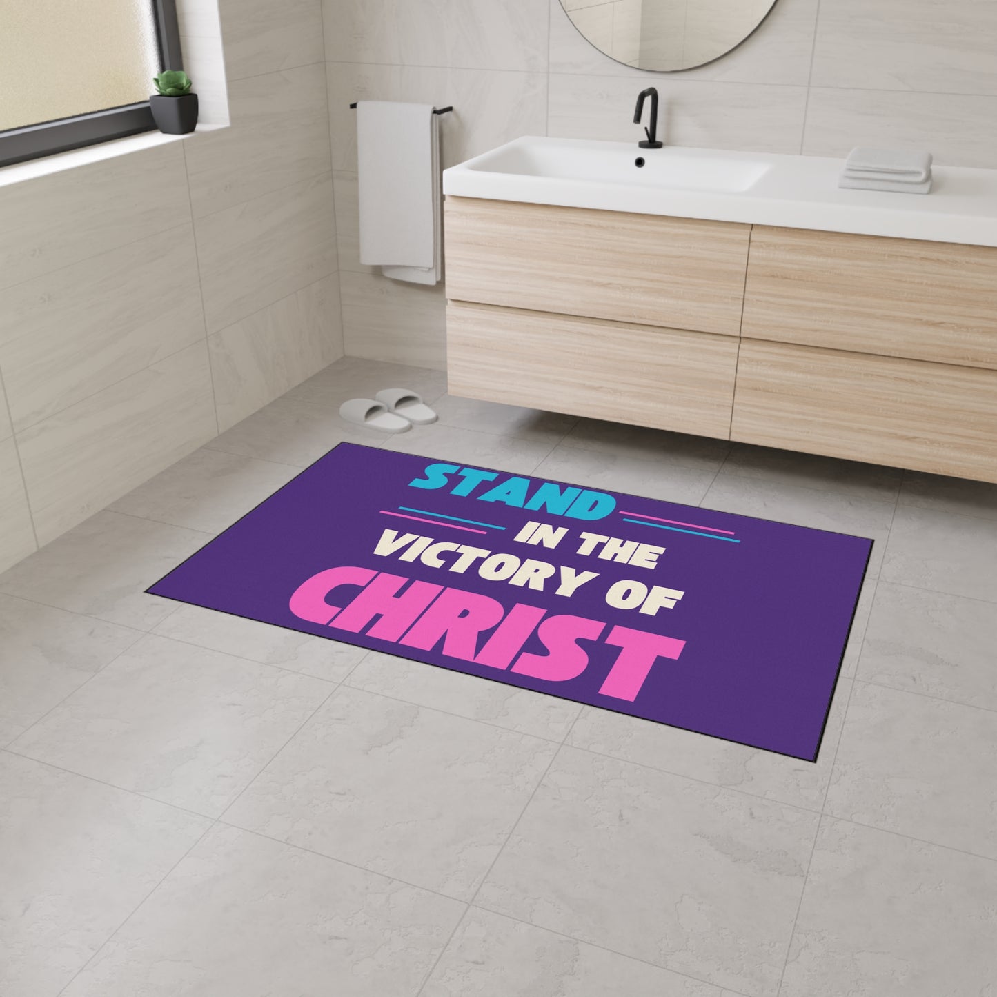 Stand in The Victory of Christ Floor Mat, Christian Home Decor, Heavy Duty Door Mat, Inspirational Rug, Faith-Based Gift