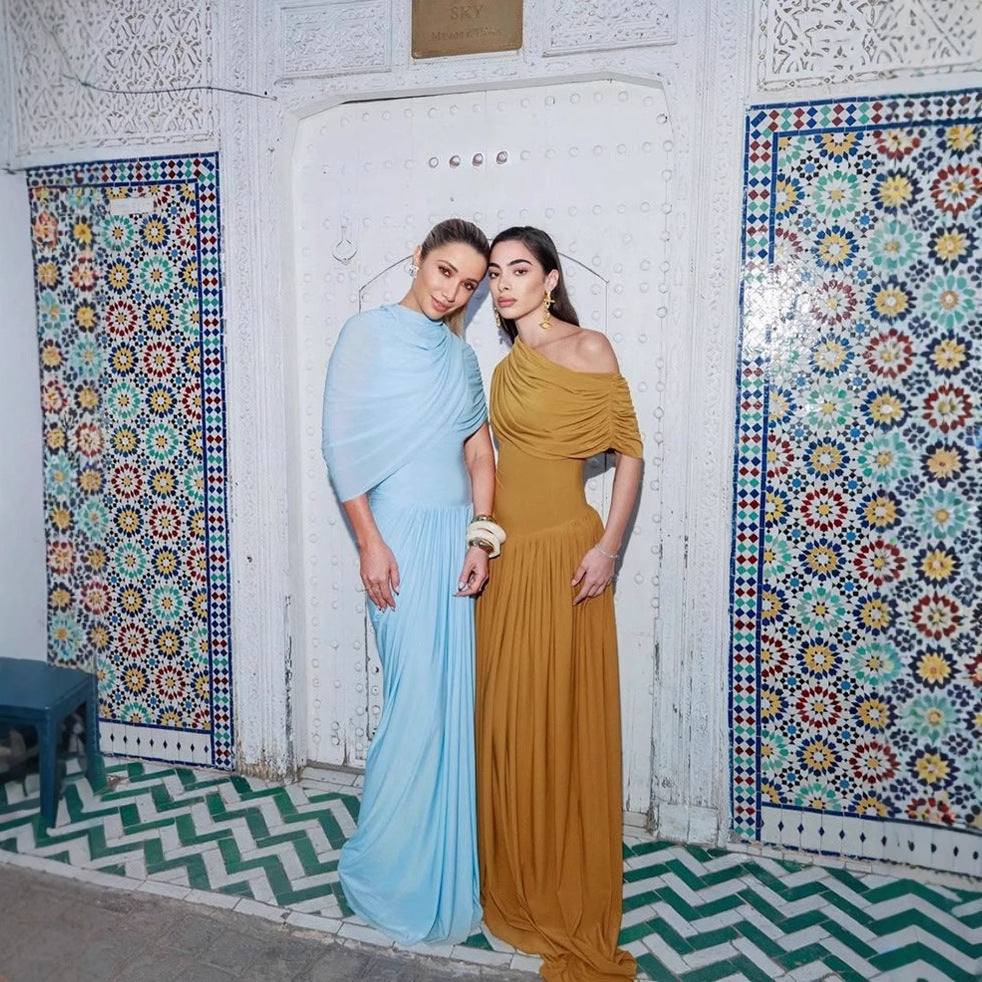 Slant Shoulder Waist Slimming A- Line Dress