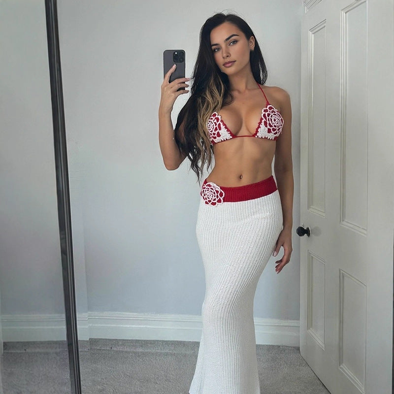 Autumn Lace-up Backless Sling One-step Long Skirt Rose Colorblock Embroidery Two-piece Set