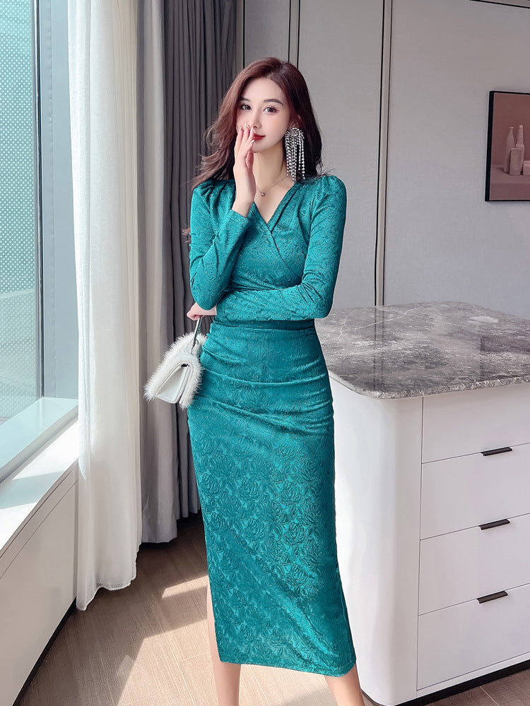 Women's New Long Sleeve V Neck Waist Slim Fit Dress