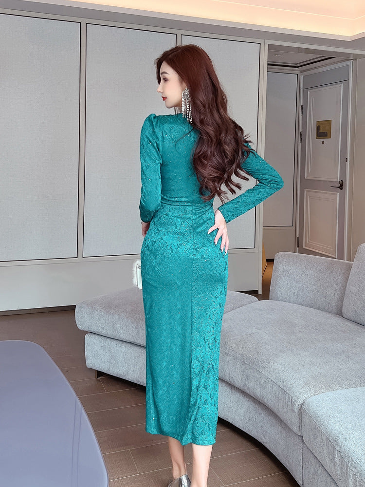 Women's New Long Sleeve V Neck Waist Slim Fit Dress