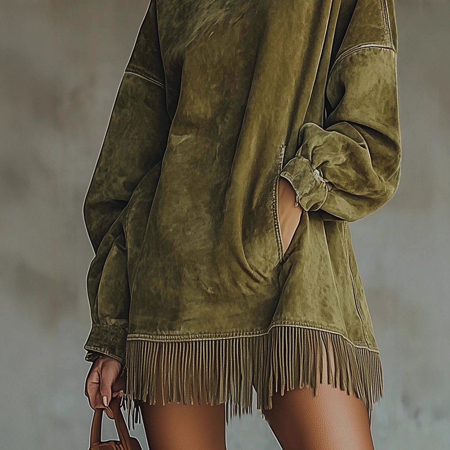Loose Pockets Tassel Long Sleeve Suede Dress - Women's Dress