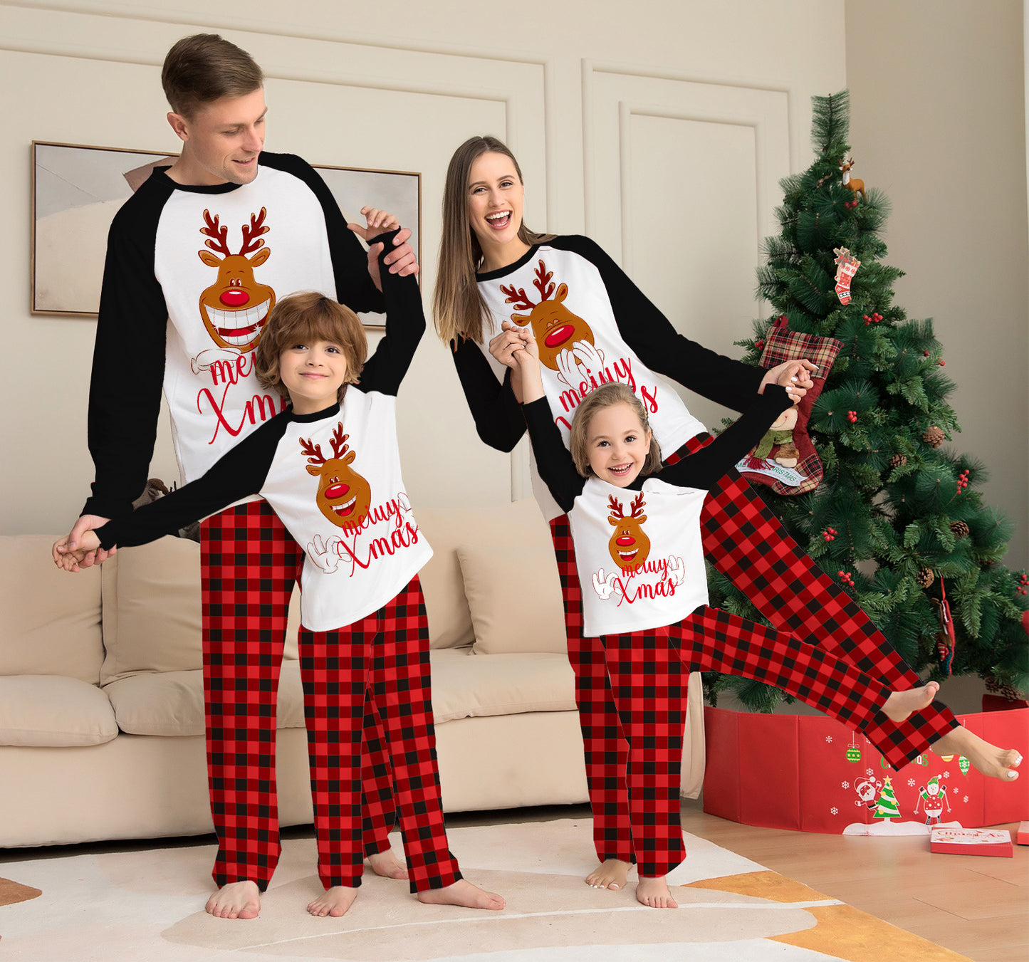 New Style Deer Letter Lattice Christmas Parent-child Pajamas for the Family