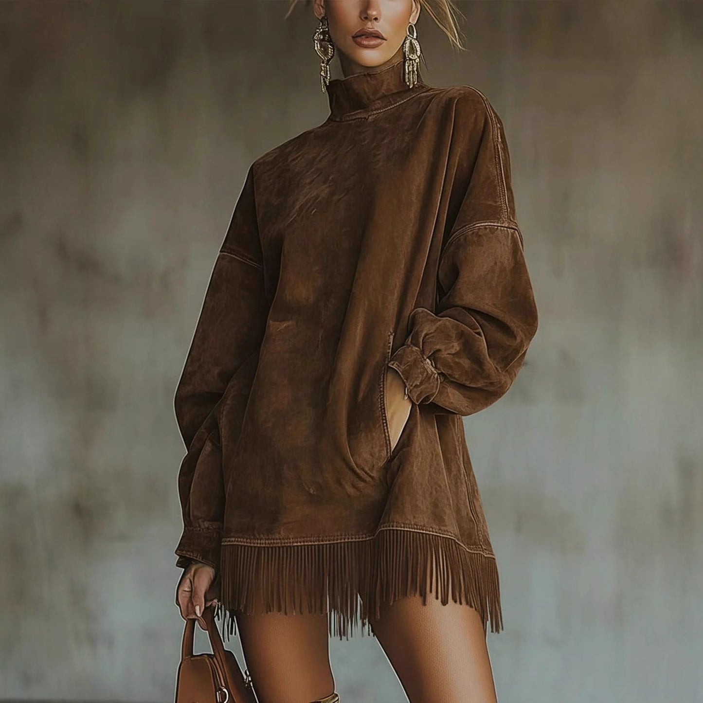 Loose Pockets Tassel Long Sleeve Suede Dress - Women's Dress